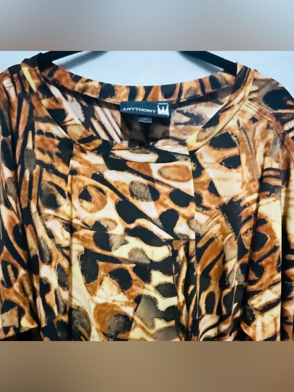 ANTTHONY Abstract Butterfly Animal Print Tunic Top Brown Gold Size L 3/4 Sleeve - Picture 3 of 8